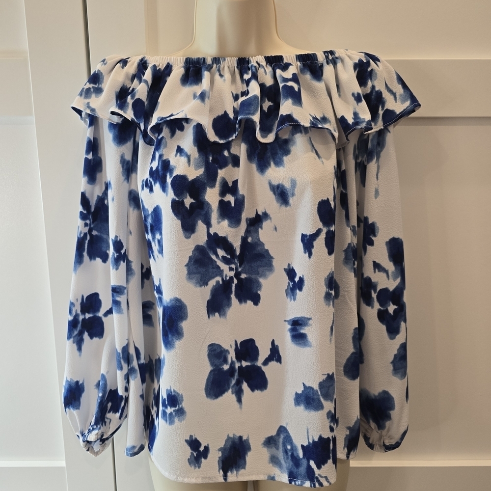 Michael Kors Blue and White Floral Blouse - Picture 1 of 3
